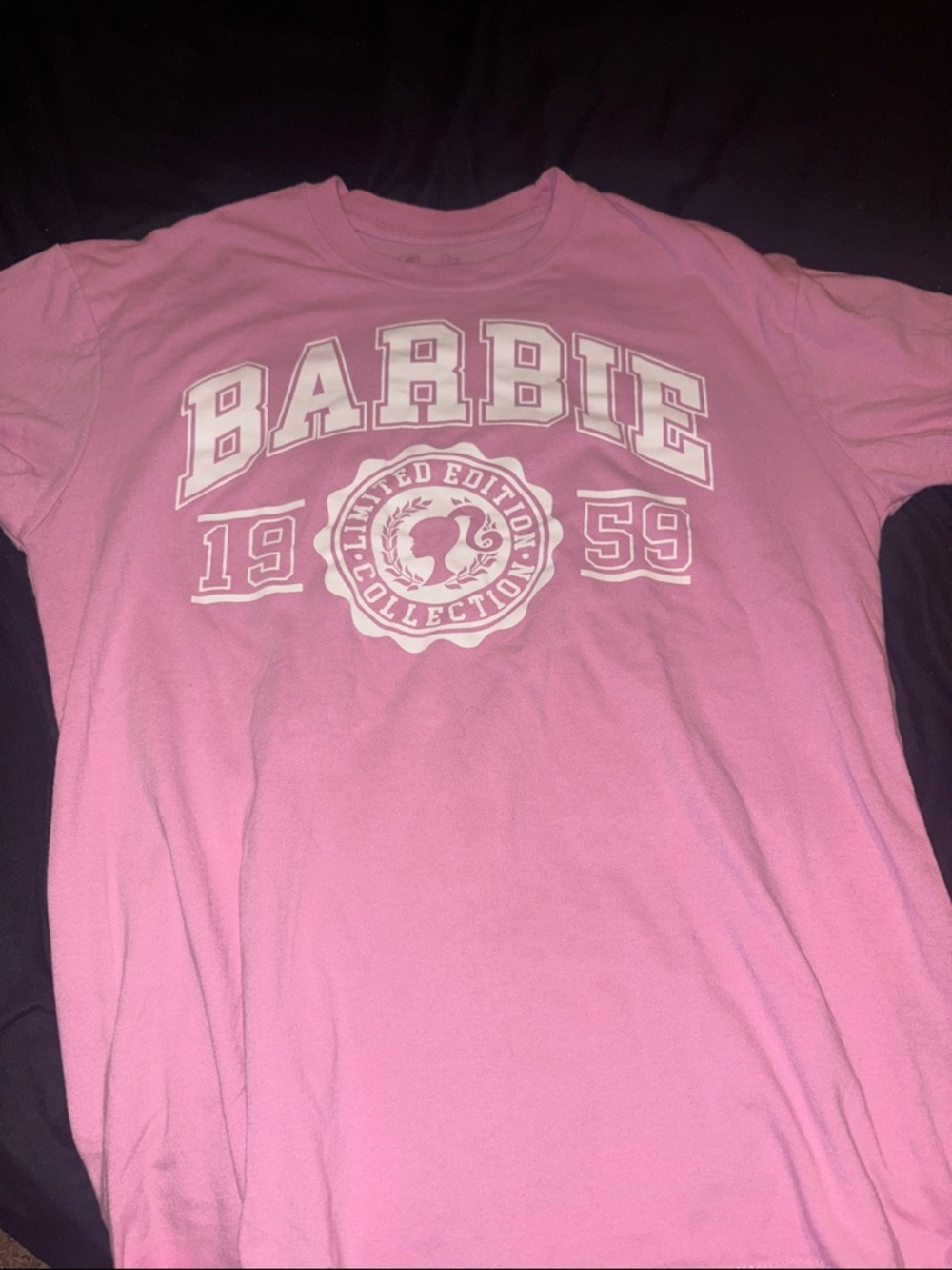 Barbie Pink Crewneck Graphic Tee with White Varsity Logo